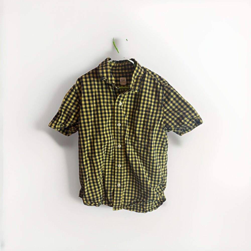 GAP Kids Boys 8 Yellow/Blue Check Collared Short Sleeve Button-Up Shirt
